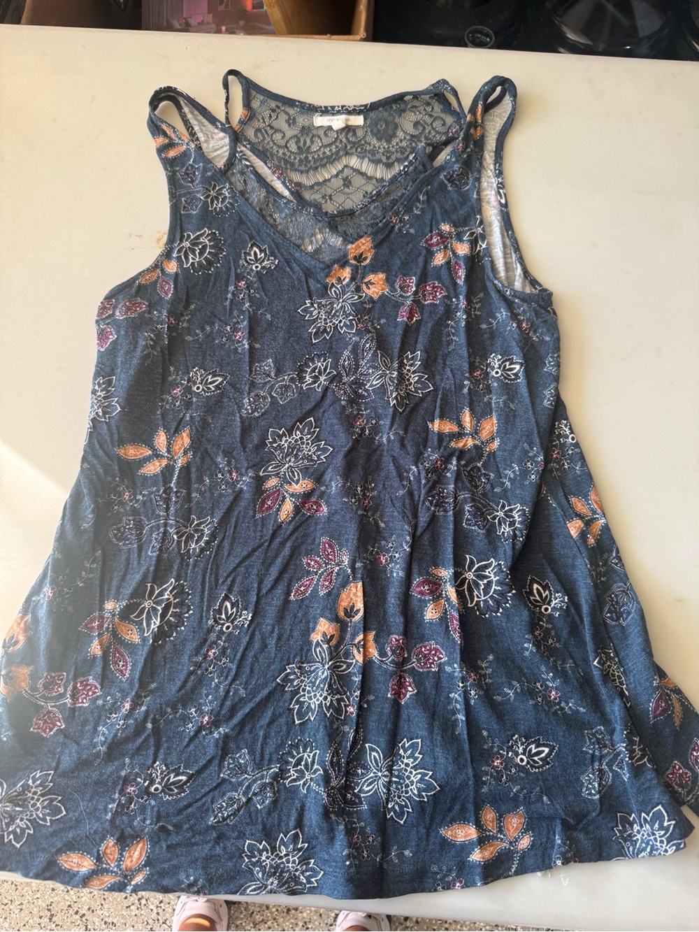Maurices Navy Floral Lace-Back Tank with Rust and Wine Accents